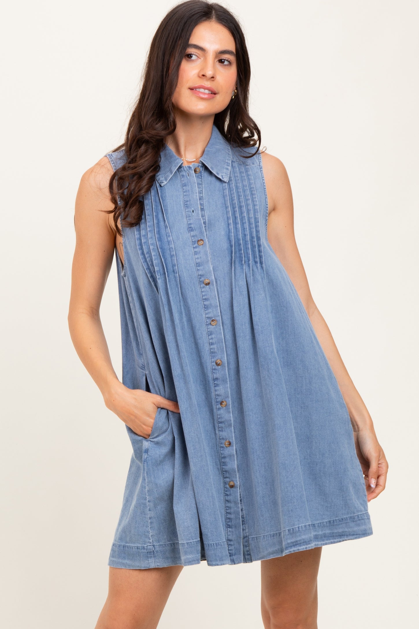 Blue Chambray Pleat Detail Sleeveless Shirt Dress