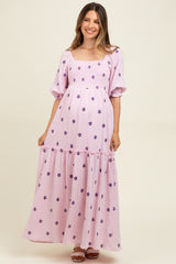 Lavender Floral Smocked Puff Sleeve Maternity Maxi Dress