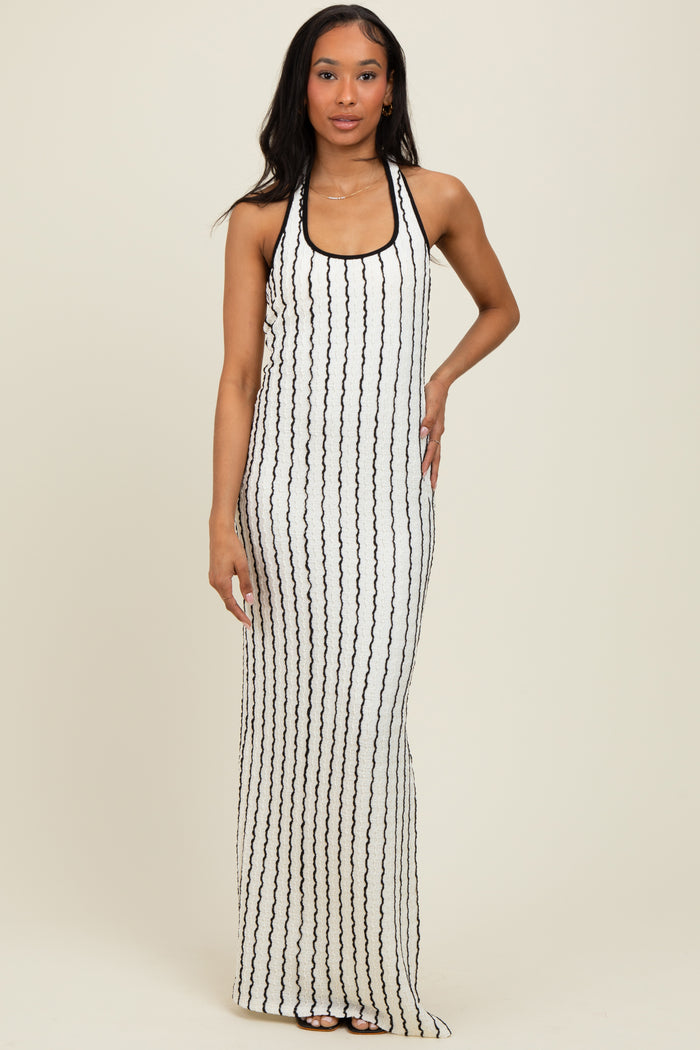 White Textured Stripe Halter Side Slit Maxi Dress