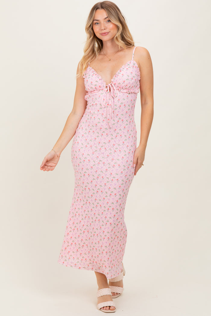 Light Pink Rose Print Jacquard Front Tie Cutout Maxi Dress