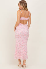 Light Pink Rose Print Jacquard Front Tie Cutout Maxi Dress