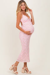Light Pink Rose Print Jacquard Front Tie Cutout Maternity Maxi Dress