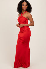 Red Twist Front Ruched Maxi Dress