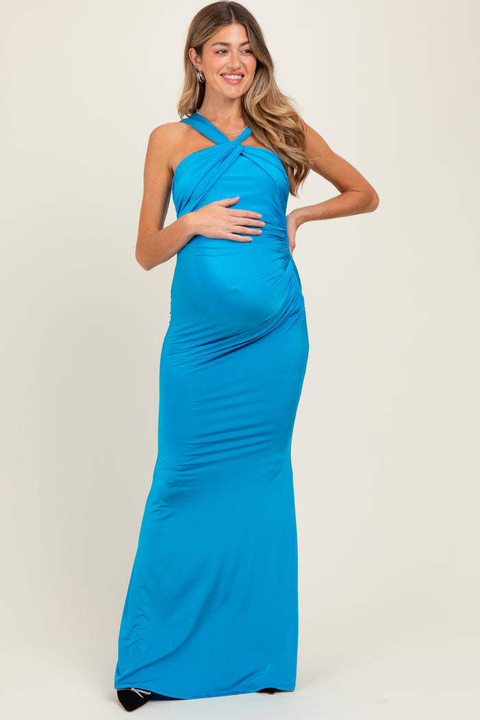 Turquoise Twist Front Ruched Maternity Maxi Dress