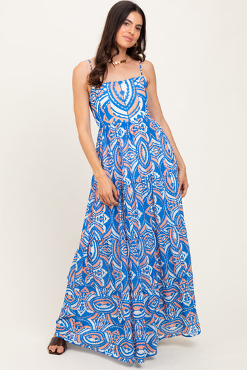 Blue Printed Sleeveless Maxi Dress