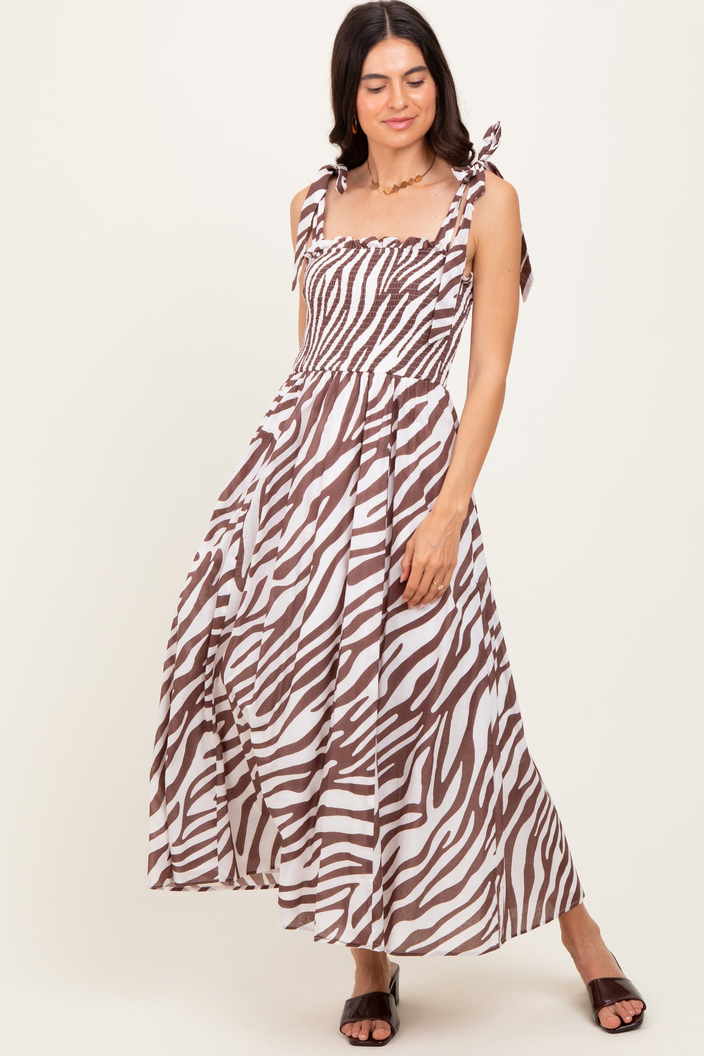 Brown Animal Print Smocked Shoulder Tie Midi Dress