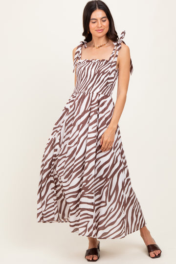 Brown Animal Print Smocked Shoulder Tie Midi Dress