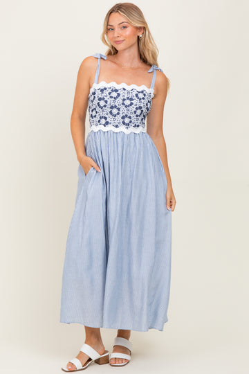 Blue Striped Floral Lace Sleeveless Midi Dress