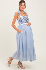 Blue Striped Floral Lace Sleeveless Maternity Midi Dress