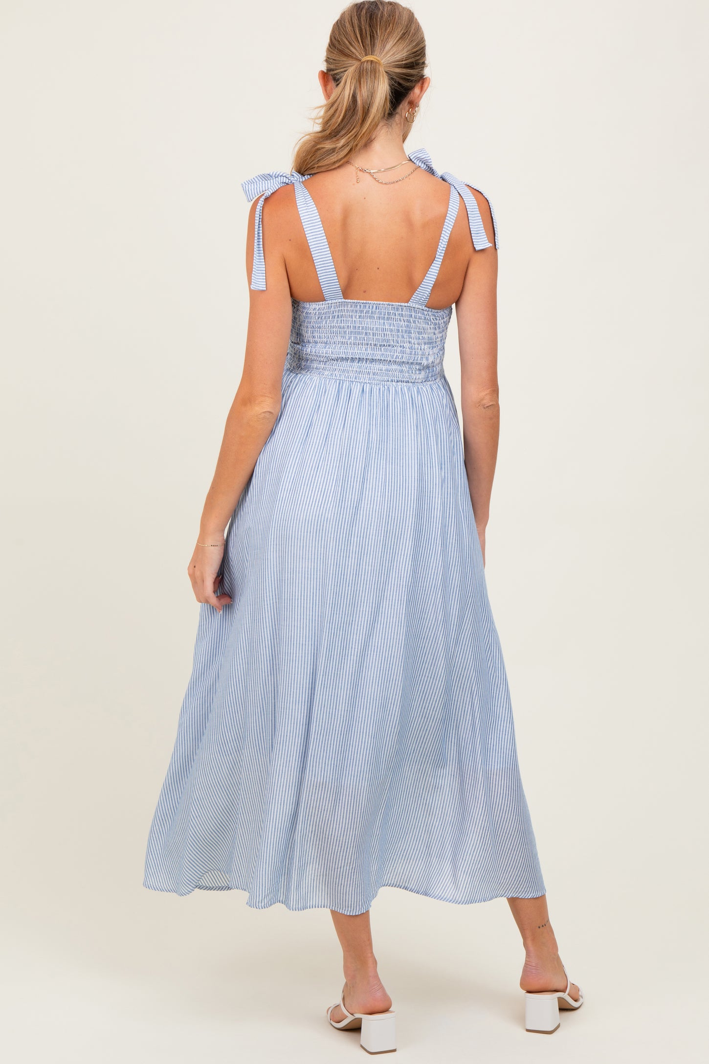 Blue Striped Floral Lace Sleeveless Maternity Midi Dress