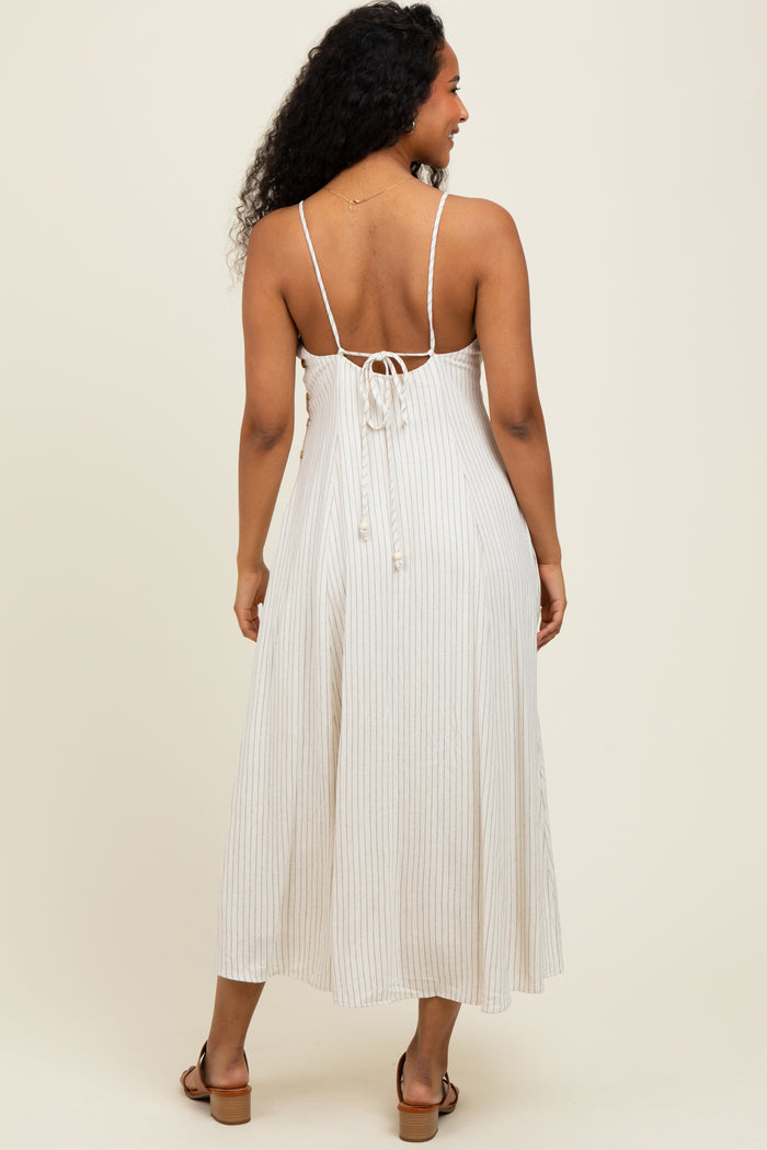 Ivory/Black Linen Striped Midi Dress
