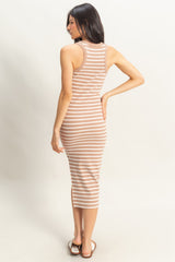 Taupe/White Striped Sleeveless Fitted Midi Dress