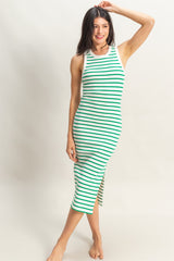 Green/White Striped Sleeveless Fitted Midi Dress