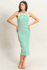 Green/White Striped Sleeveless Fitted Midi Dress