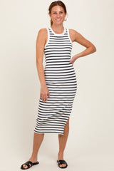 White/Black Striped Sleeveless Fitted Midi Dress