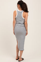 White/Black Striped Sleeveless Fitted Maternity Midi Dress
