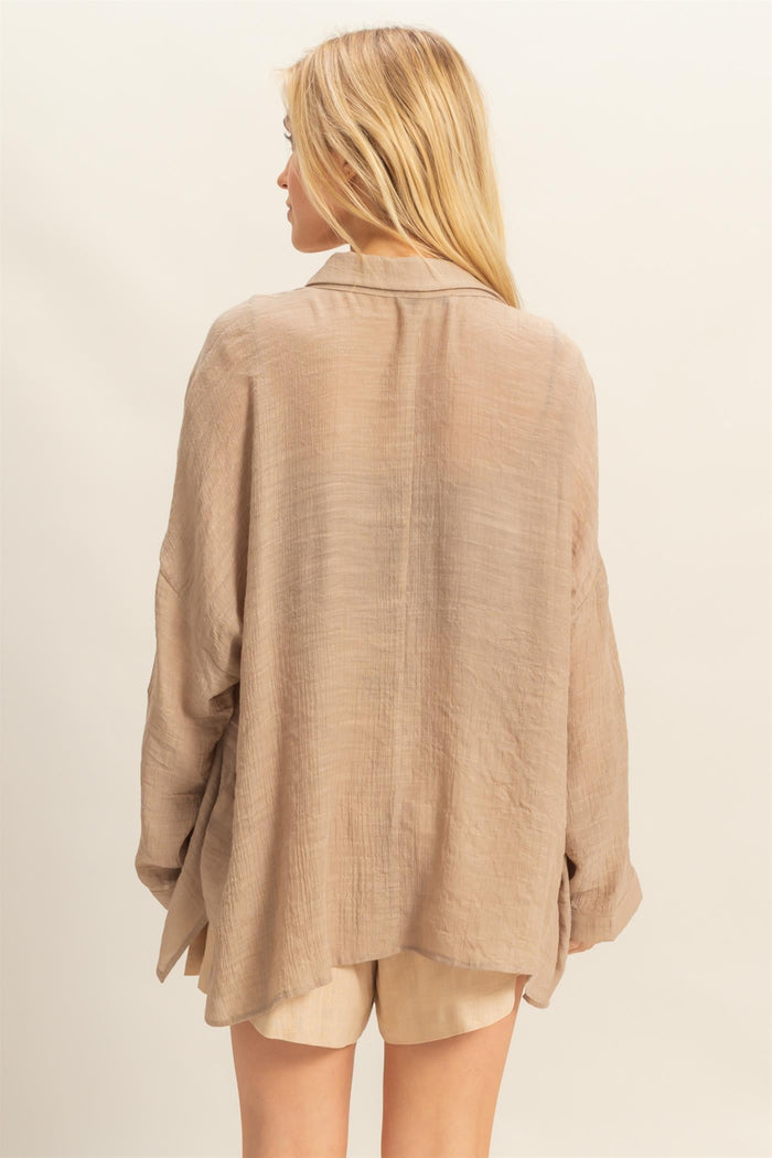 Taupe Roll Up Sleeve Button-Up Oversized Shirt