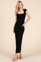 Black Cap Sleeve Ruched Open Back Midi Dress