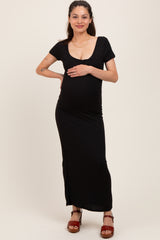 Black Double Layered Ribbed Scoop Neck Maternity Maxi Dress