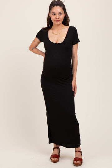 Black Double Layered Ribbed Scoop Neck Maternity Maxi Dress