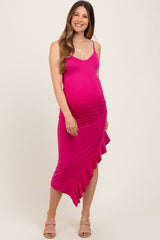 Fuchsia Ruched Ruffle Detail Sleeveless Maternity Midi Dress