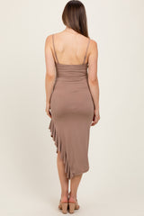 Taupe Ruched Ruffle Detail Sleeveless Maternity Midi Dress