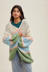 Blue Colorblock Open Knit Cardigan