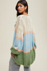 Blue Colorblock Open Knit Cardigan