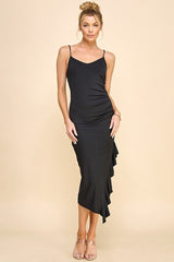 Black Ruched Ruffle Detail Sleeveless Maternity Midi Dress