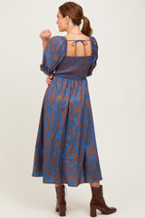 Blue Floral Smocked Puff Sleeve Midi Dress
