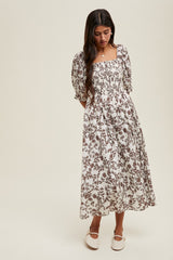 Brown Floral Smocked Puff Sleeve Maternity Midi Dress