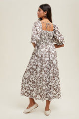 Brown Floral Smocked Puff Sleeve Midi Dress