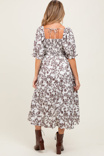 Brown Floral Smocked Puff Sleeve Maternity Midi Dress