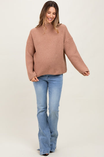 Mocha High Neck Ribbed Knit Maternity Sweater