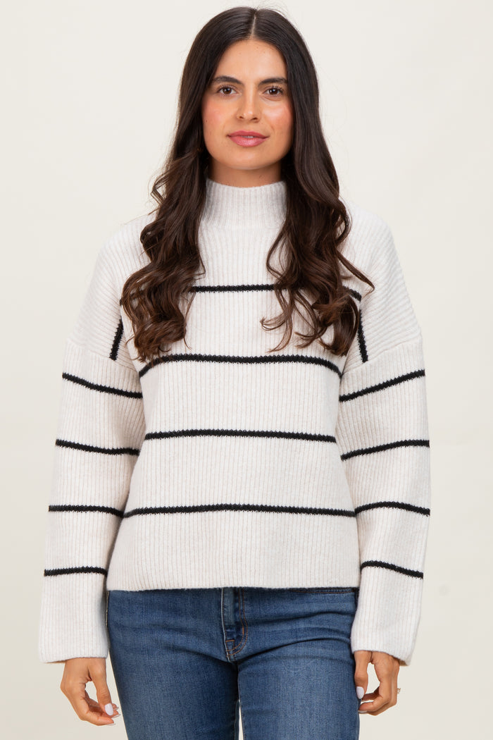 Cream High Neck Ribbed Knit Maternity Sweater