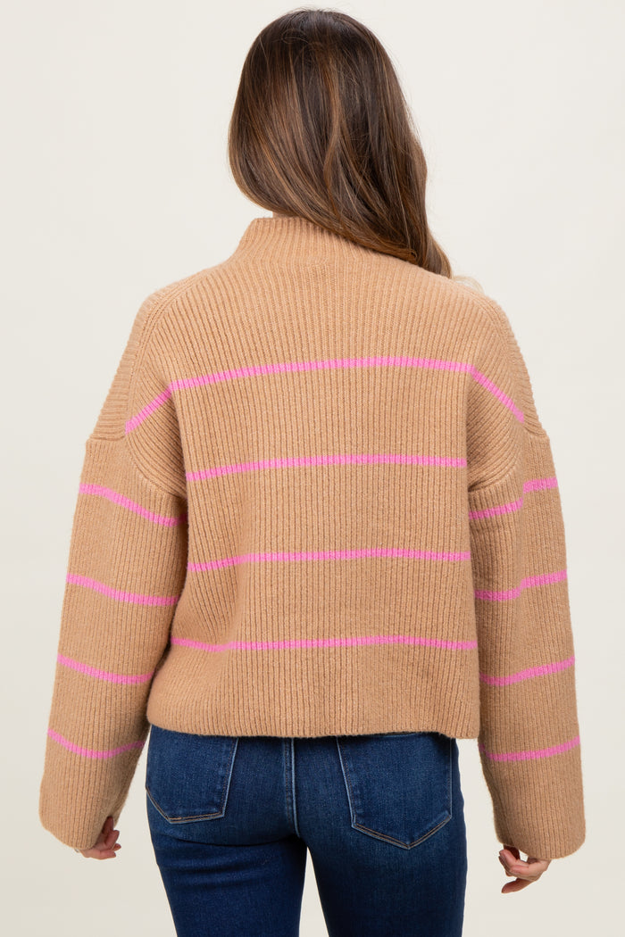 Taupe High Neck Ribbed Knit Maternity Sweater