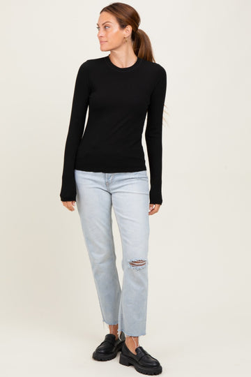 Black Basic Ribbed Knit Long Sleeve Top
