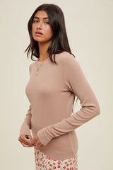 Light Taupe Basic Ribbed Knit Long Sleeve Top