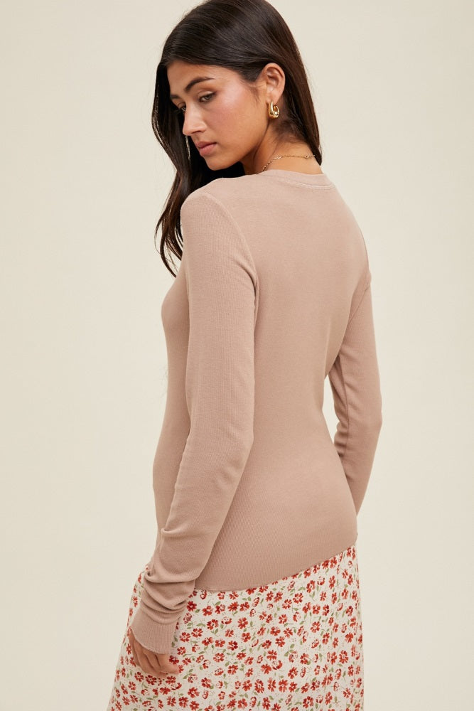 Light Taupe Basic Ribbed Knit Long Sleeve Top