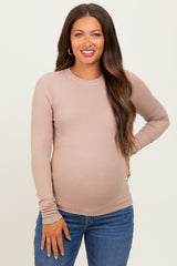 Light Taupe Basic Ribbed Knit Long Sleeve Maternity Top