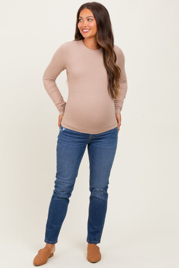Light Taupe Basic Ribbed Knit Long Sleeve Maternity Top