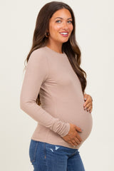 Light Taupe Basic Ribbed Knit Long Sleeve Maternity Top