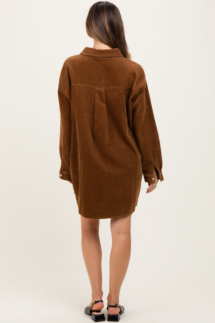 Camel Corduroy Maternity Shirt Mini Dress