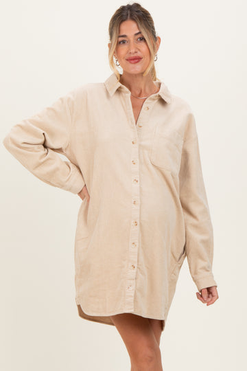 Beige Corduroy Maternity Shirt Mini Dress
