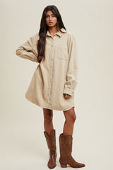 Beige Corduroy Shirt Mini Dress