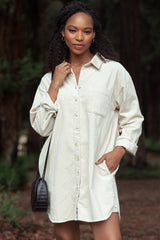 Beige Corduroy Maternity Shirt Mini Dress