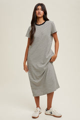 Black Striped Short Sleeve Maternity Midi T-Shirt Dress