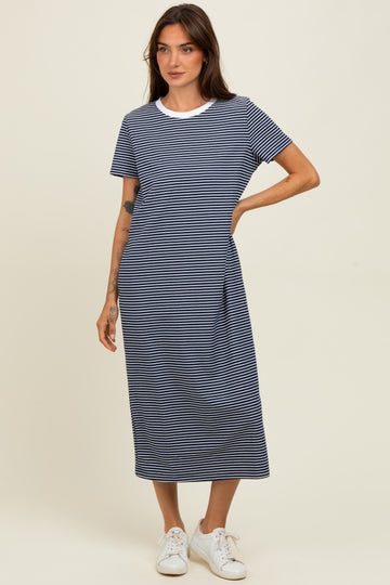 Navy Striped Short Sleeve Midi T-Shirt Dress