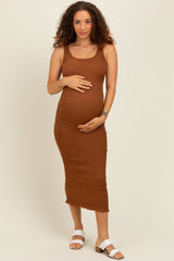Mocha Smocked Sleeveless Ruffle Hem Maternity Fitted Dress