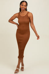 Mocha Smocked Sleeveless Ruffle Hem Maternity Fitted Dress